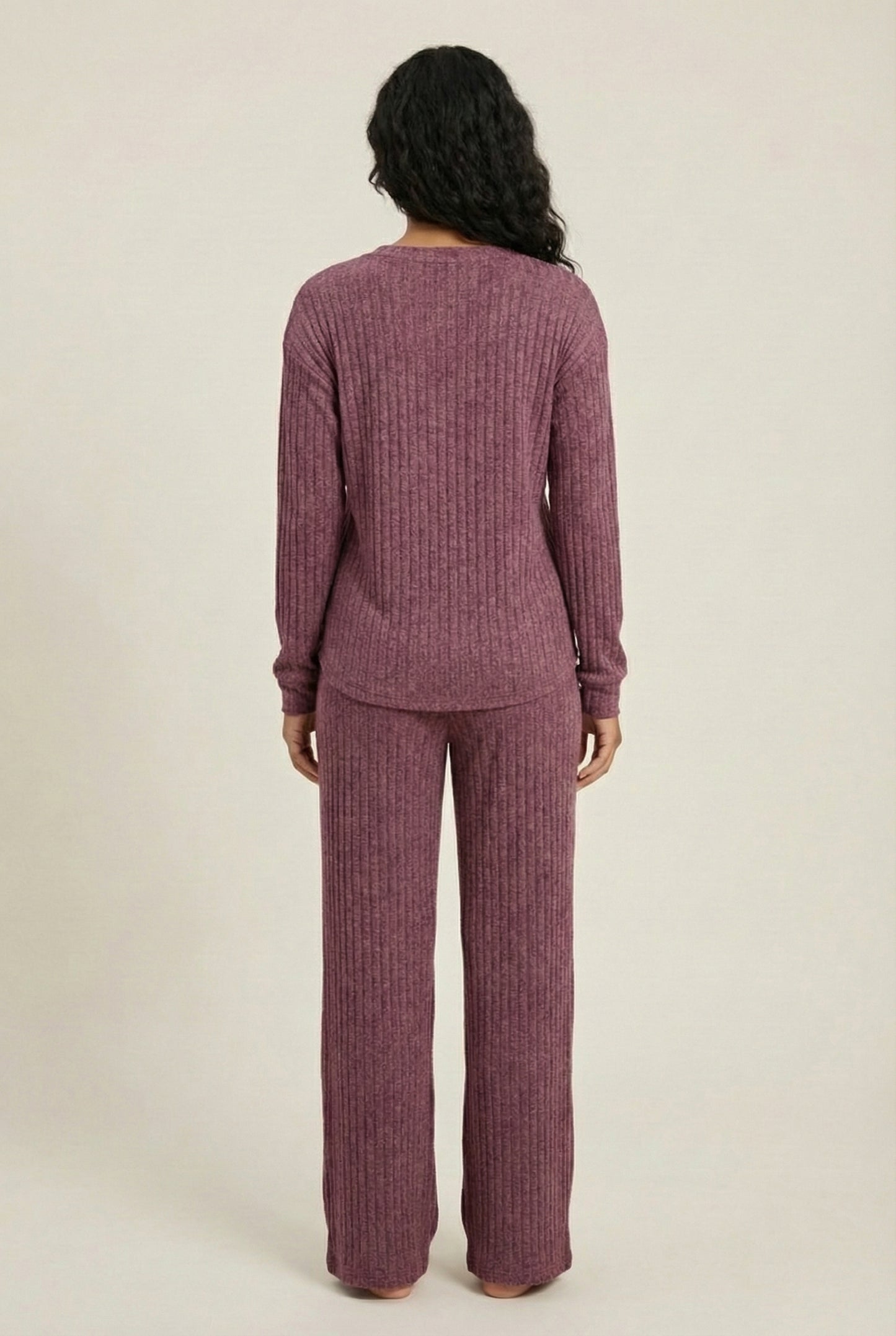 Women's Linea Set by LOHNR in Mulberry. A premium matching lounge set featuring a smooth, sweatshirt-material henley top and tailored comfortable joggers.