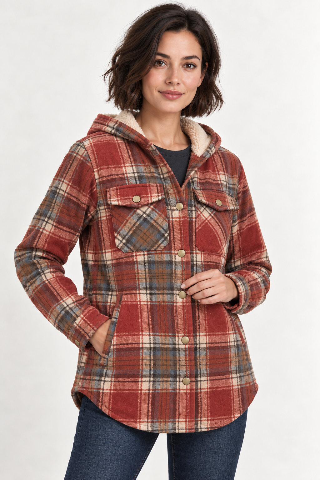 LOHNR Alder Hooded Shacket in Rust, front view showing fine tartan, snap closure, flap chest pockets and curved hem. #804038