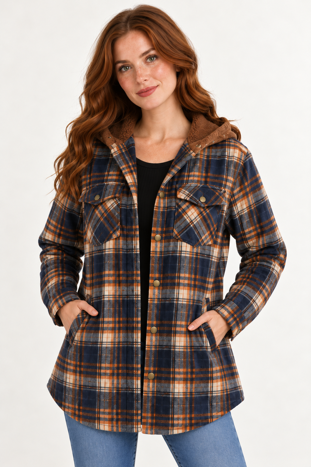 Front view of a copper-haired model wearing the LOHNR Alder Hooded Shacket in Navy / Orange, with fine navy, orange and cream-gray plaid, brown hood lining, flap chest pockets and curved hem. #1A1E27