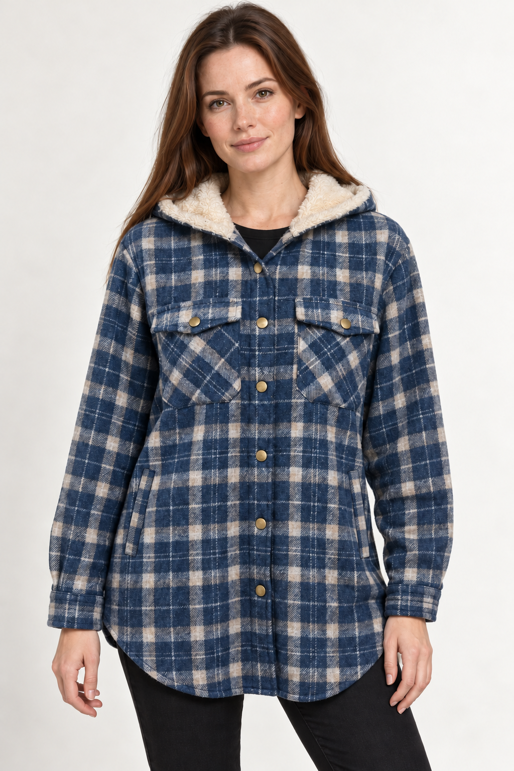 LOHNR Alder Hooded Shacket in Blue fine plaid, front view with cream hood lining, snap chest pockets and curved hem #2F4866