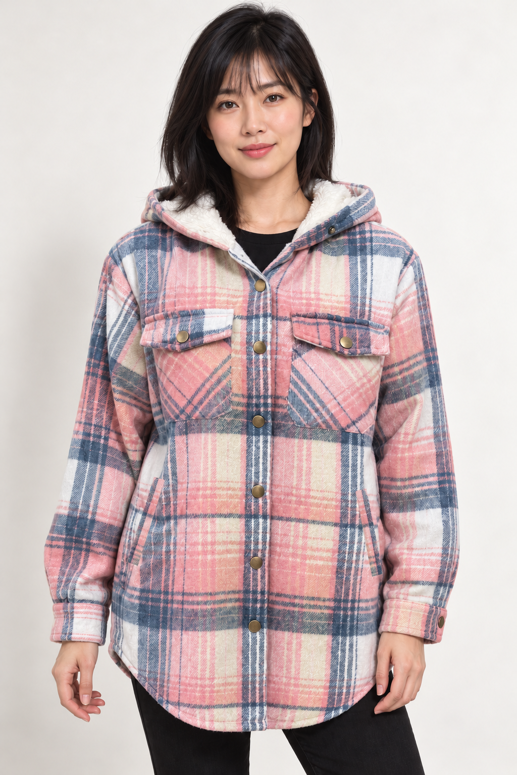 LOHNR Alder Hooded Shacket in Pink fine tartan, front view with white hood lining, snap chest pockets and curved hem #D79FA7