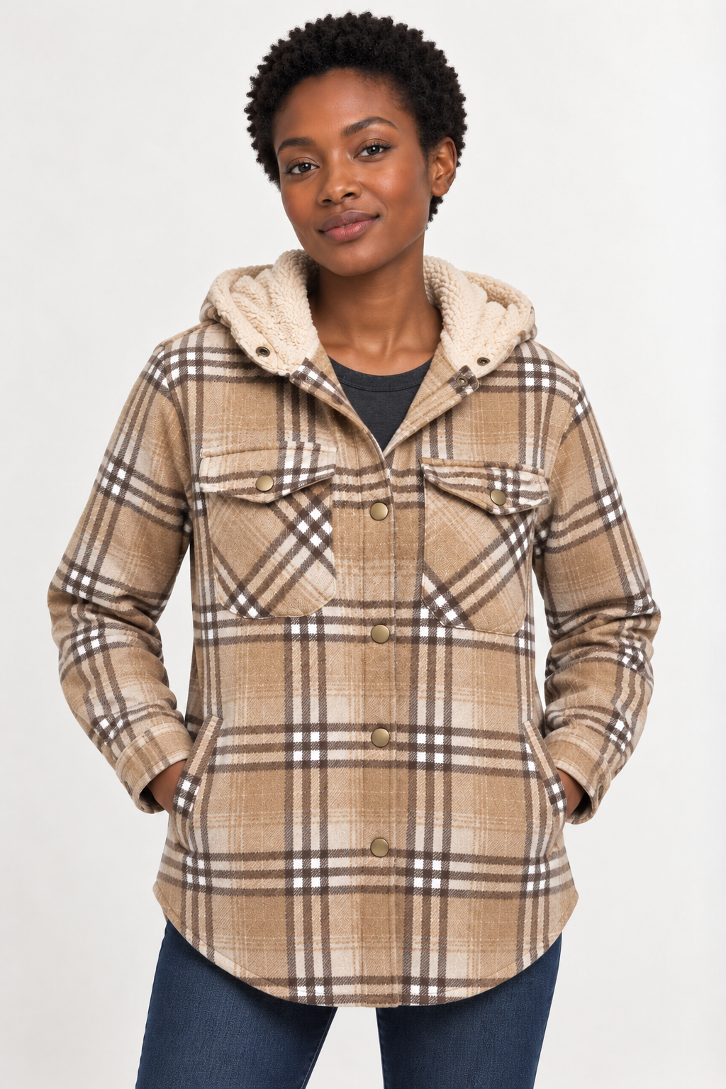 LOHNR Alder Hooded Shacket in Tan, front view showing fine tartan, snap closure, flap chest pockets and curved hem. #B3967C