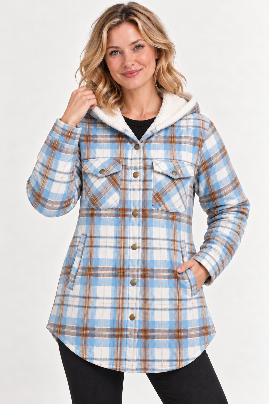 LOHNR Alder Hooded Shacket in Light Blue plaid, front view with white hood lining, snap chest pockets and curved hem #ACC5D5