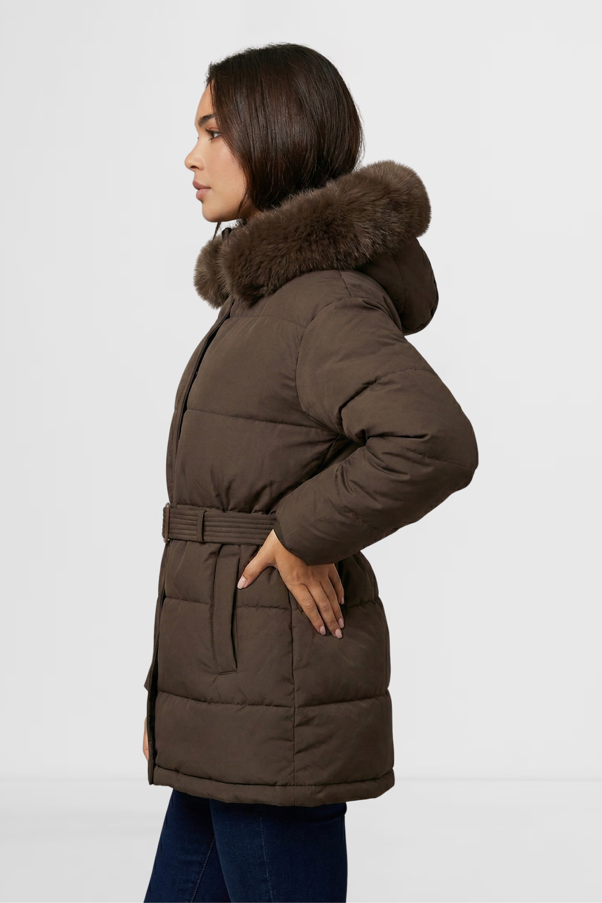Mocha – LOHNR Aspen Jacket women’s puffer jacket side view synthetic insulated material