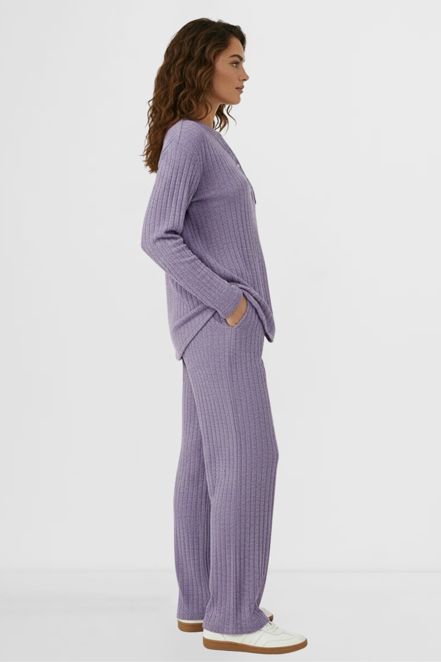 Lavender Linea Set women’s ribbed lounge set side view knit loungewear by LOHNR