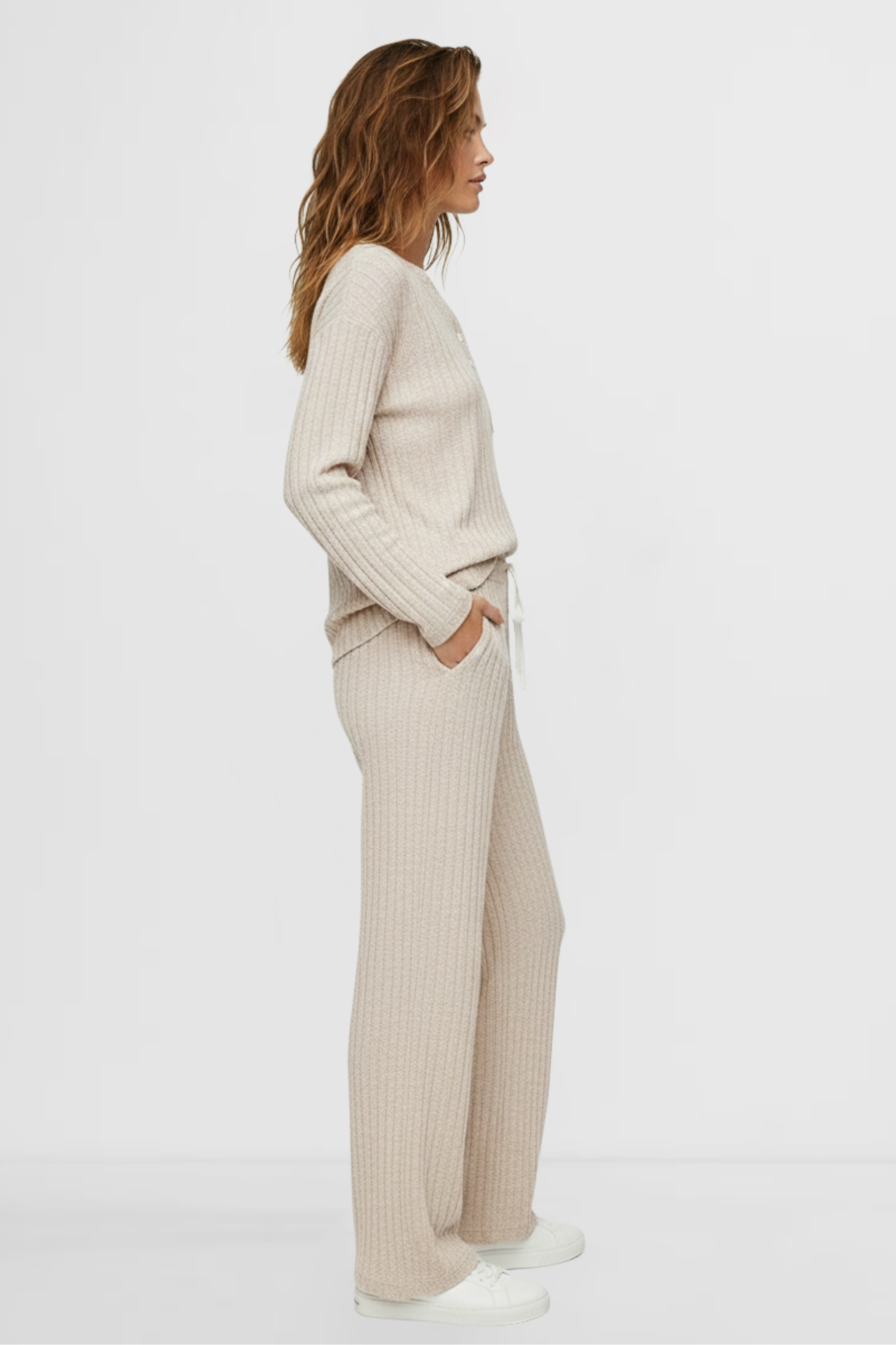 Ecru Linea Set women’s ribbed lounge set side view knit loungewear by LOHNR