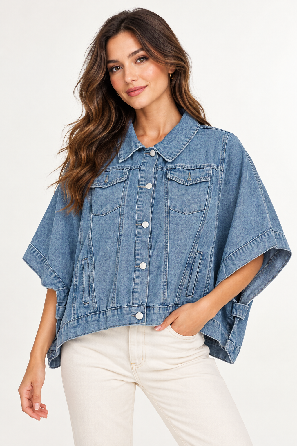 Woman wearing an oversized denim cape jacket in Coastal Mist, front view #7790AB