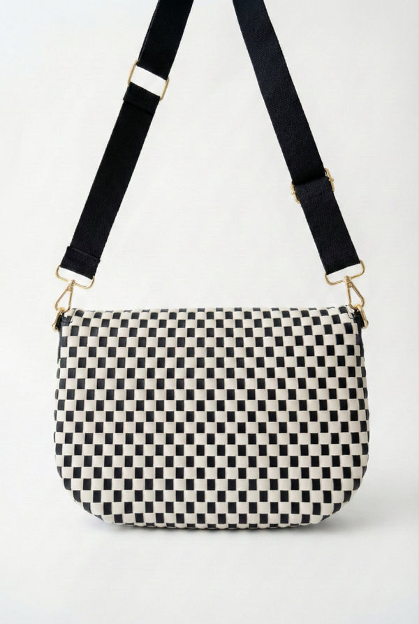 LOHNR Woven Belt Bag in Black - Premium vegan leather crossbody bag with adjustable strap and gold hardware