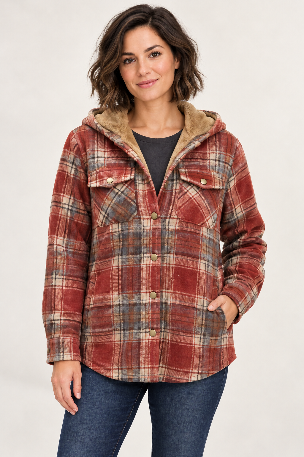 LOHNR Alder Hooded Shacket in Rust, front view showing plaid fabric, snap fastening, flap chest pockets and tan/camel hood lining. #804038