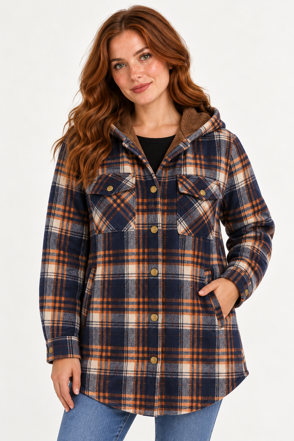 LOHNR Alder Hooded Shacket in Navy / Orange, front view showing plaid fabric, snap fastening, flap chest pockets and brown hood lining. #1A1E27