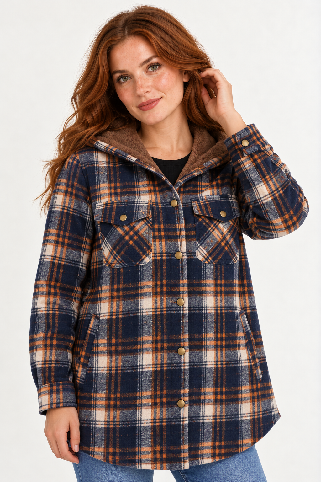 LOHNR Alder Hooded Shacket in Navy / Orange, portrait view showing plaid fabric, snap fastening, flap chest pockets and brown hood lining.