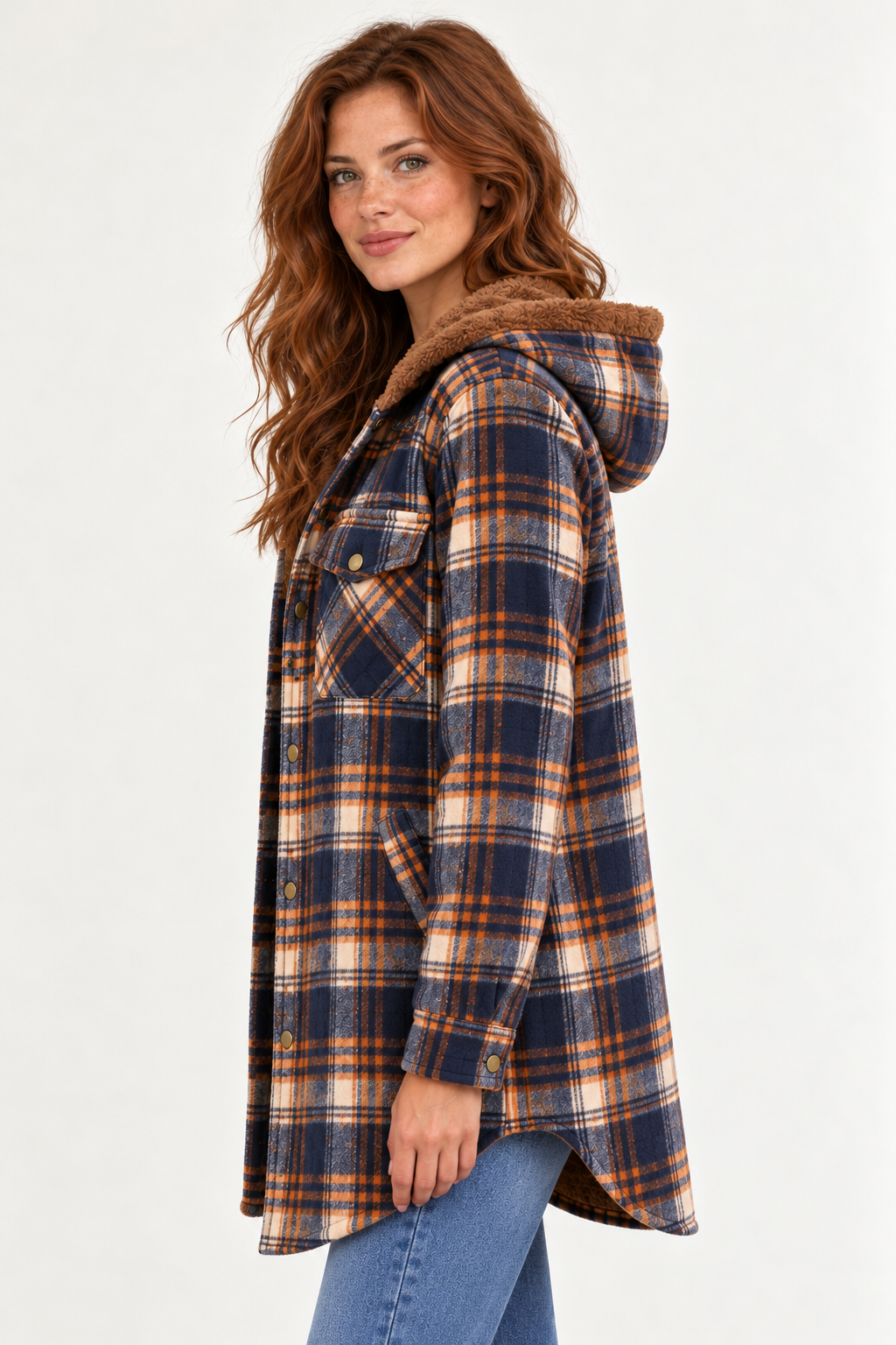 LOHNR Alder Hooded Shacket in Navy / Orange, side view showing plaid fabric, snap fastening, flap chest pockets and brown hood lining.