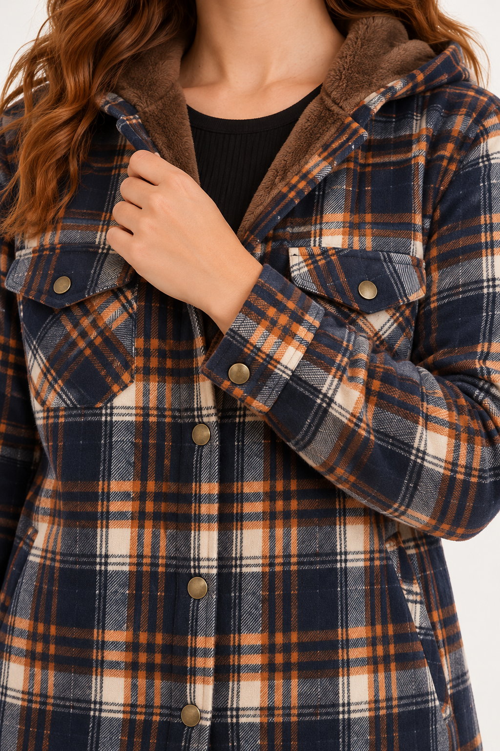 LOHNR Alder Hooded Shacket in Navy / Orange, detail view showing plaid fabric, snap fastening, flap chest pockets and brown hood lining.