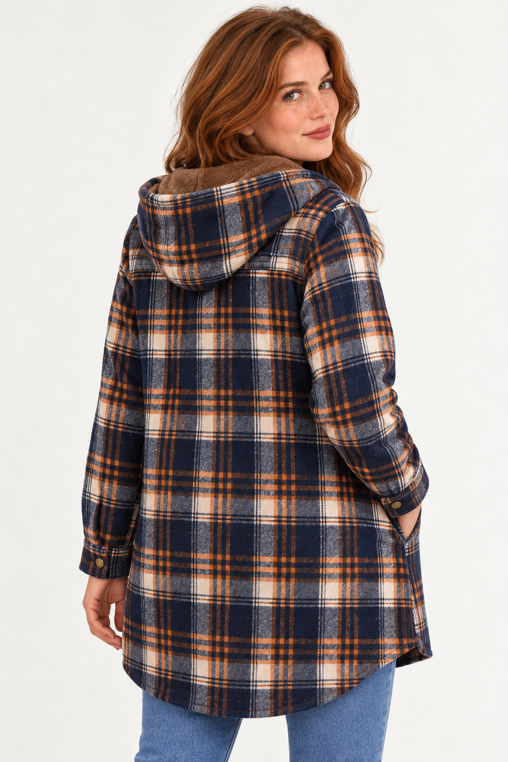 LOHNR Alder Hooded Shacket in Navy / Orange, back view showing plaid fabric, snap fastening, flap chest pockets and brown hood lining.