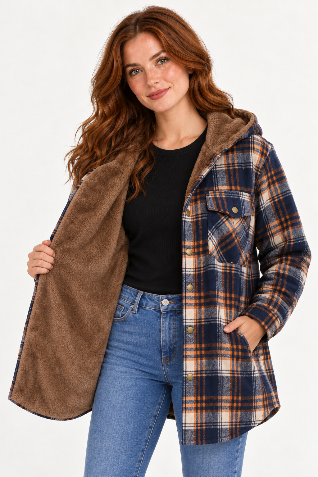 LOHNR Alder Hooded Shacket in Navy / Orange, one-panel-open view showing brown body lining from neckline to hem and matching hood lining.