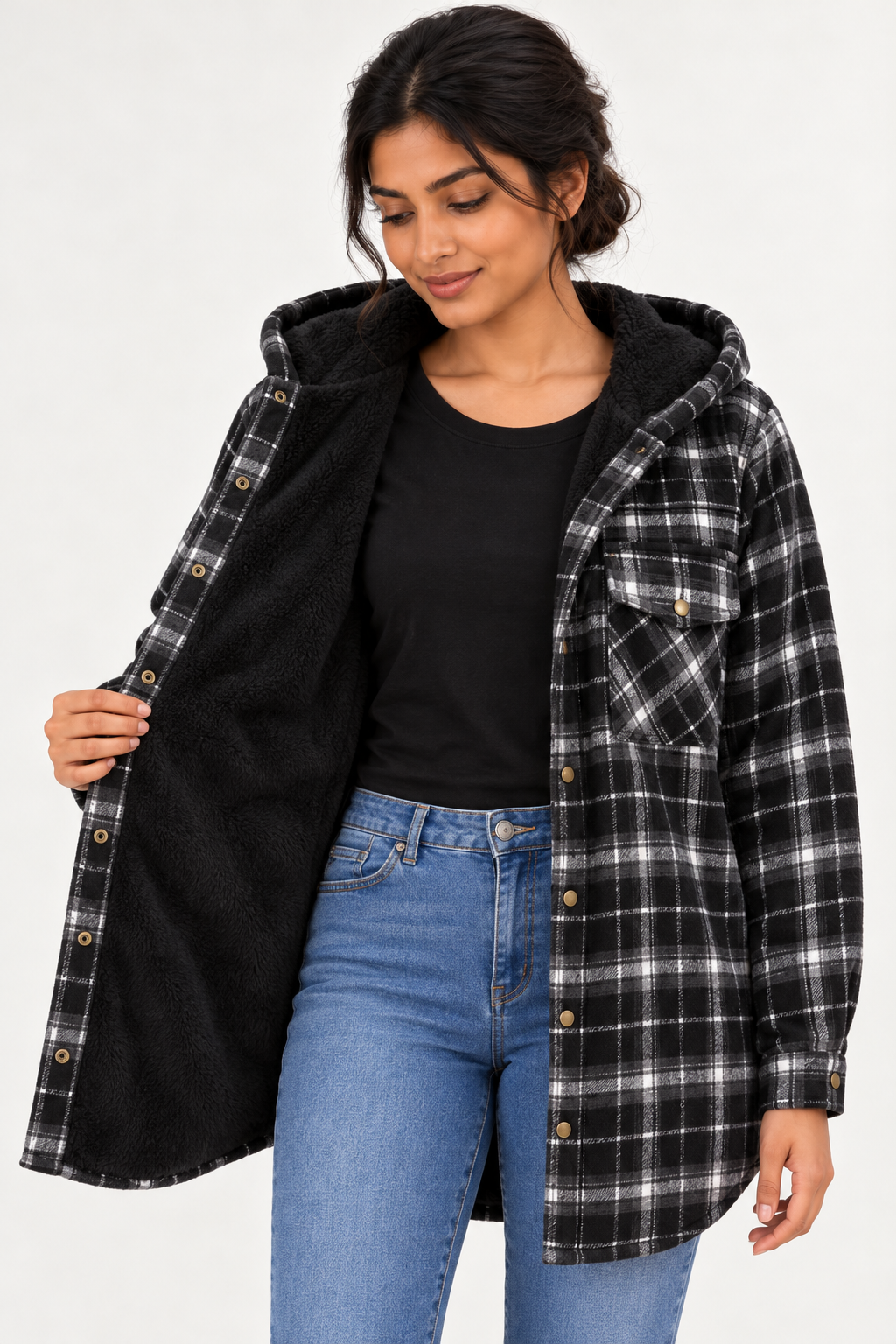 LOHNR Alder Hooded Shacket in Black, one-panel-open view showing black body lining from neckline to hem and matching hood lining.