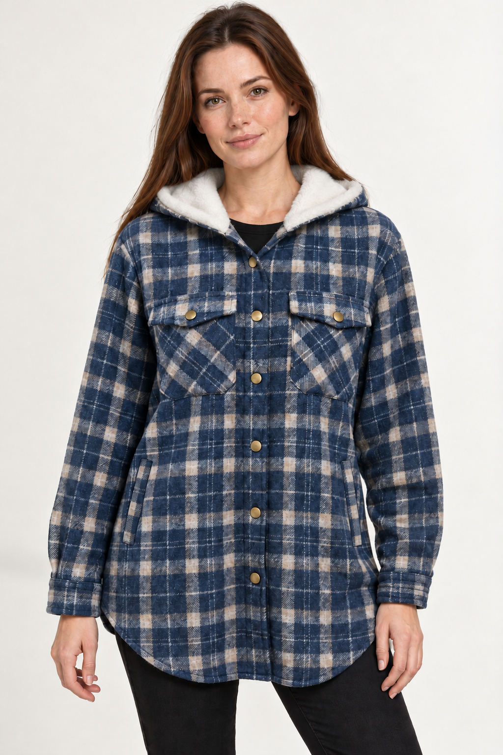 LOHNR Alder Hooded Shacket in Blue, front view showing plaid fabric, snap fastening, flap chest pockets and white hood lining. #2F4866