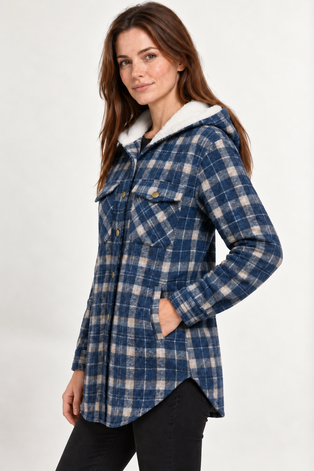 LOHNR Alder Hooded Shacket in Blue, side view showing plaid fabric, snap fastening, flap chest pockets and white hood lining.