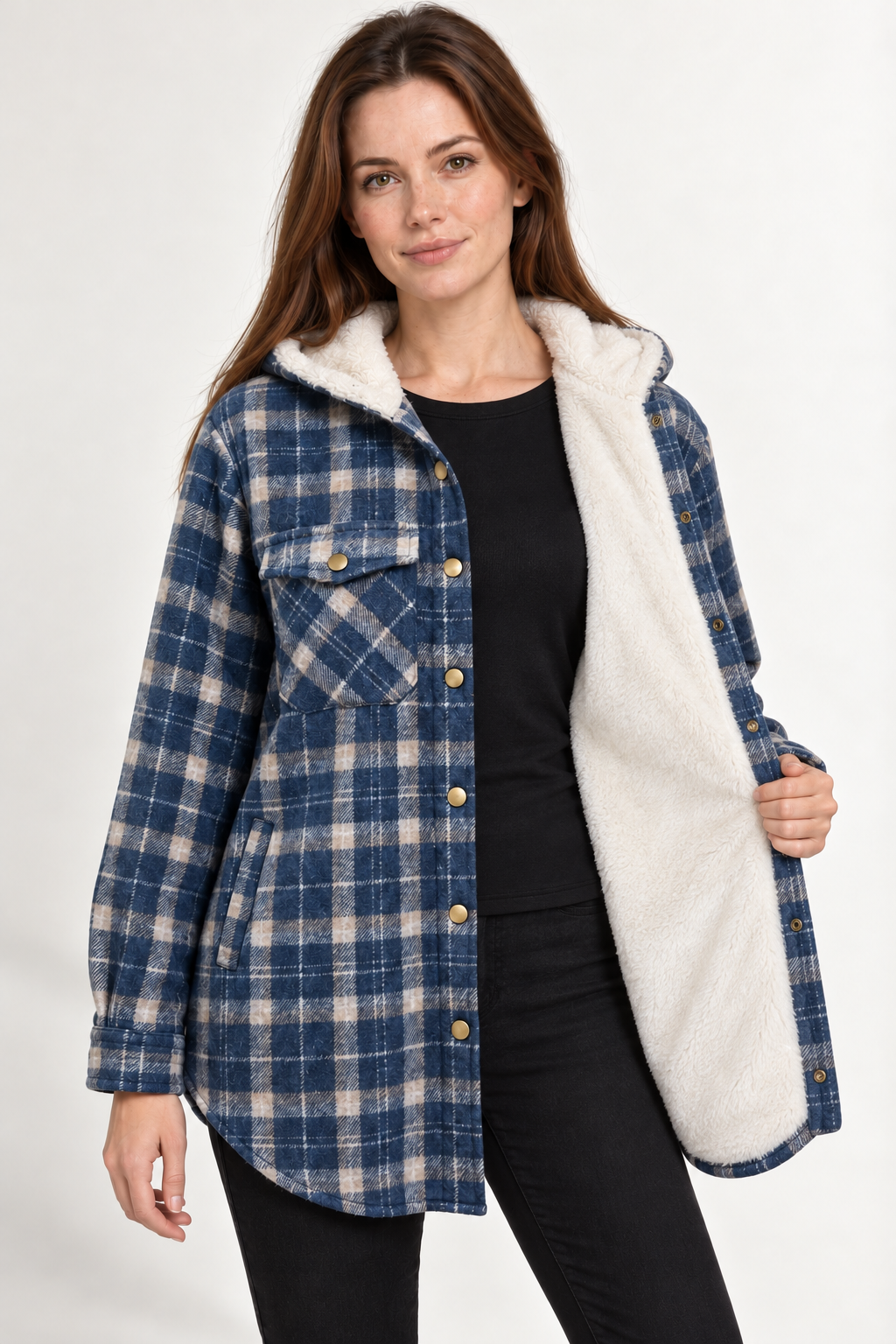 LOHNR Alder Hooded Shacket in Blue, one-panel-open view showing white body lining from neckline to hem and matching hood lining.