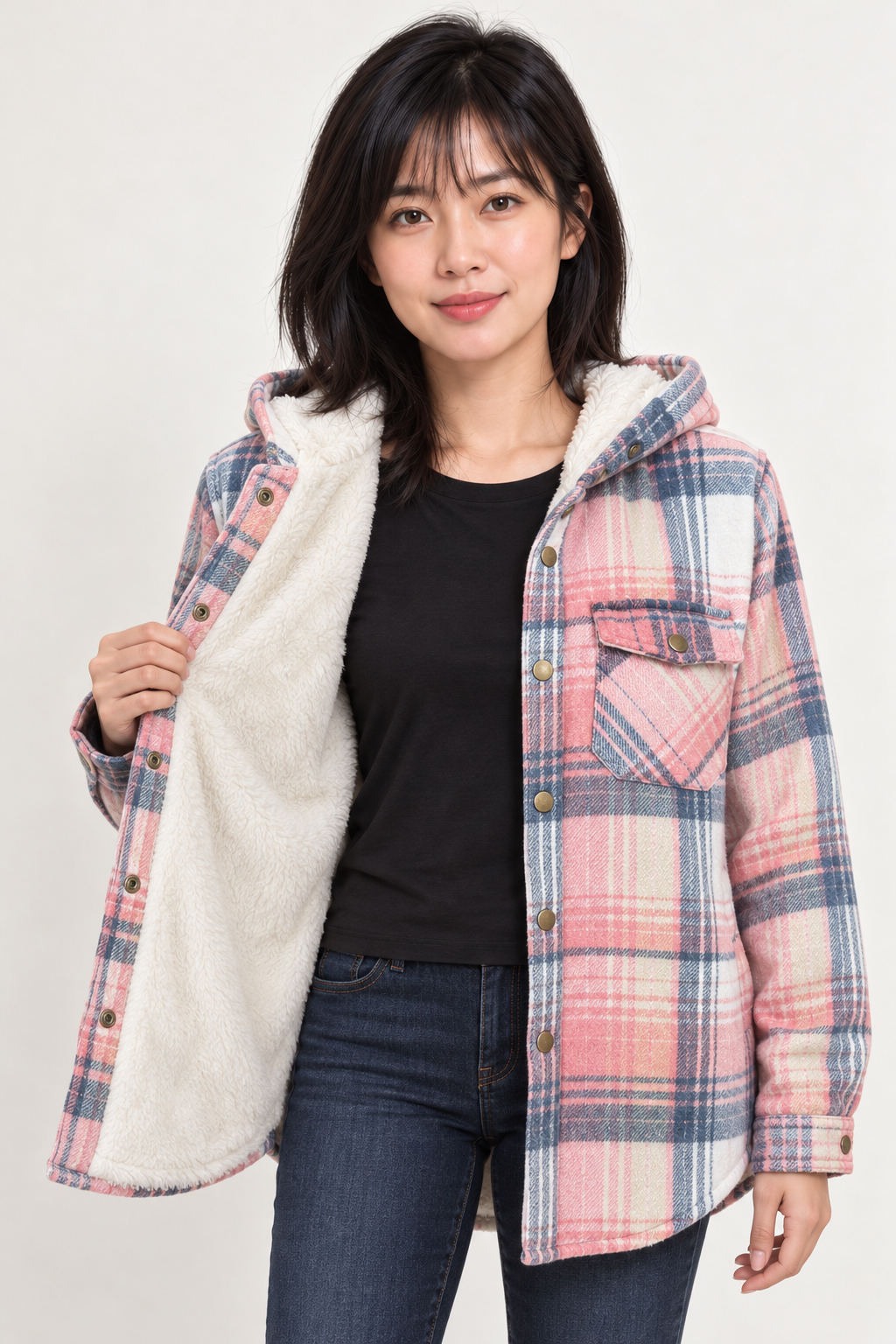 LOHNR Alder Hooded Shacket in Pink, one-panel-open view showing white body lining from neckline to hem and matching hood lining.