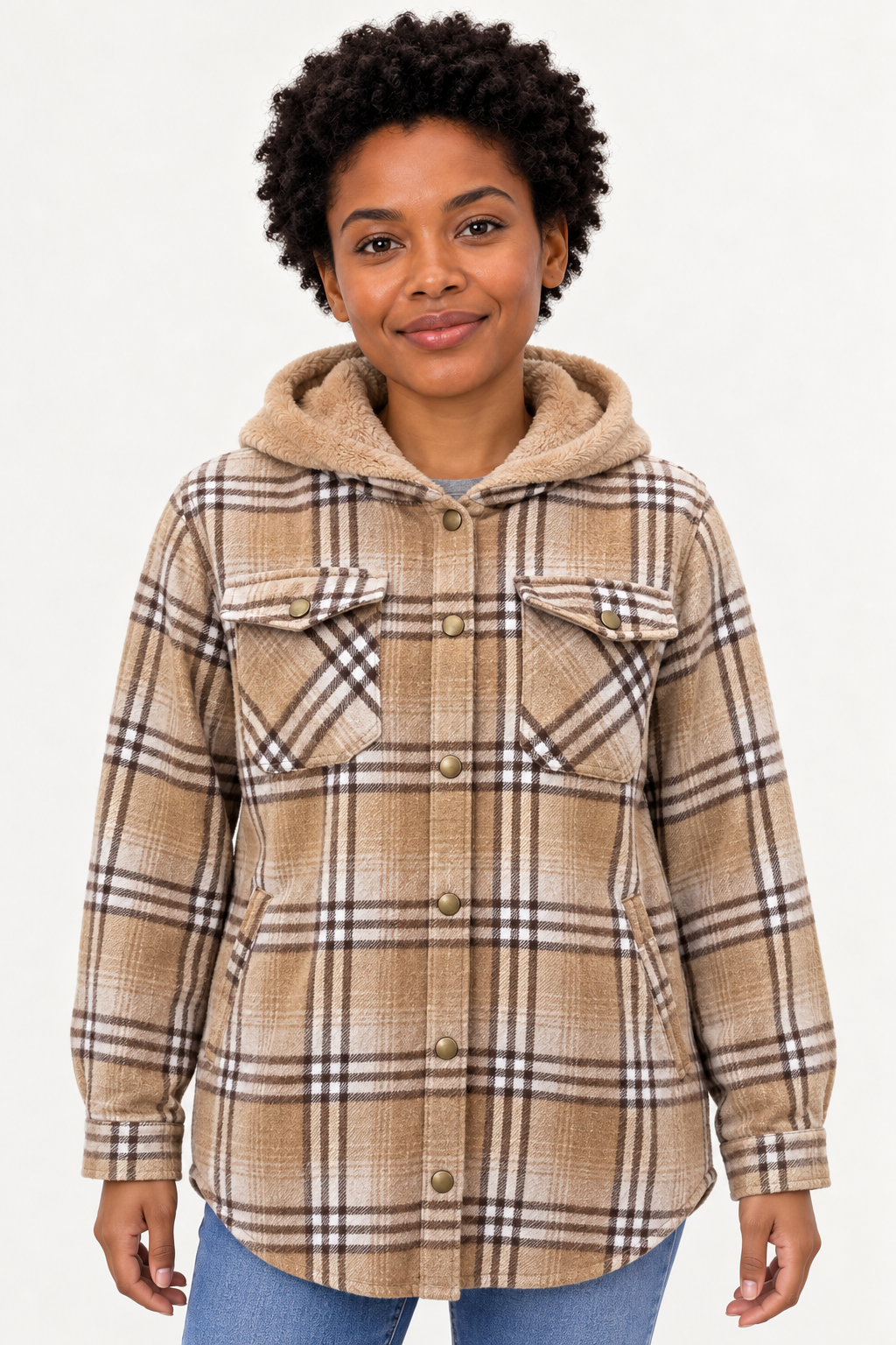 LOHNR Alder Hooded Shacket in Tan, front view showing plaid fabric, snap fastening, flap chest pockets and camel hood lining. #B3967C
