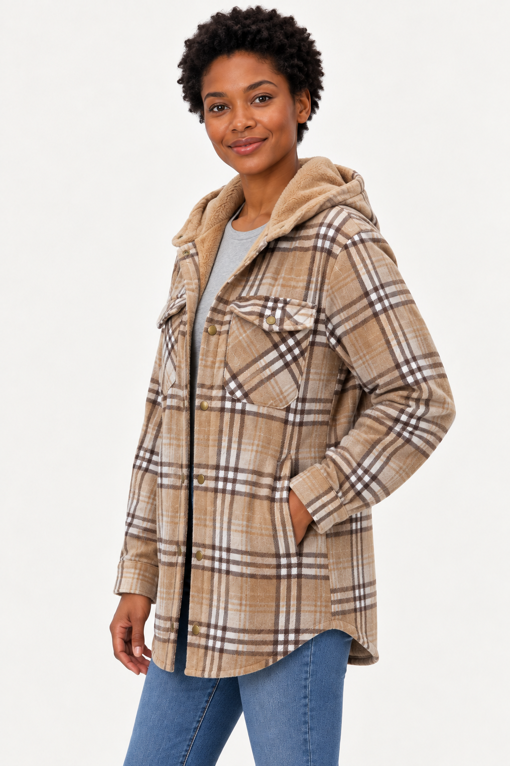 LOHNR Alder Hooded Shacket in Tan, side view showing plaid fabric, snap fastening, flap chest pockets and camel hood lining.