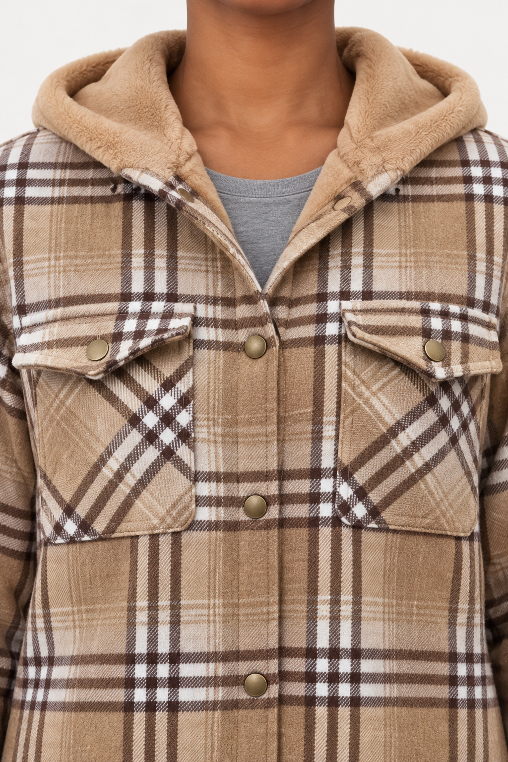 LOHNR Alder Hooded Shacket in Tan, detail view showing plaid fabric, snap fastening, flap chest pockets and camel hood lining.