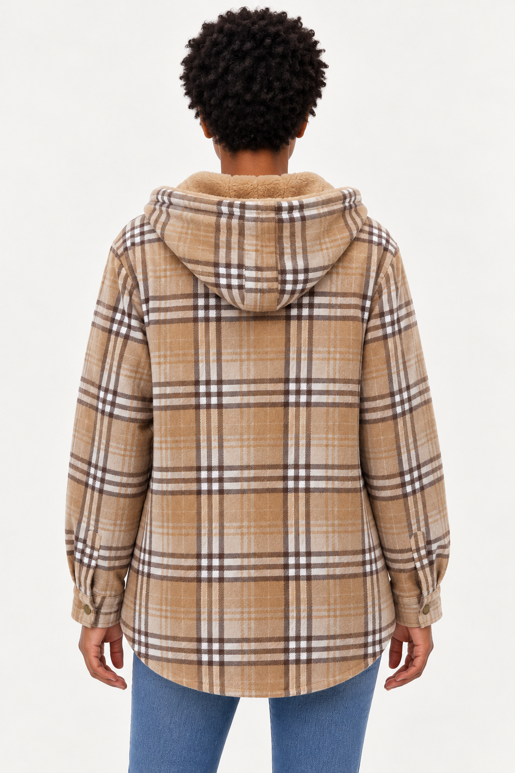 LOHNR Alder Hooded Shacket in Tan, back view showing plaid fabric, snap fastening, flap chest pockets and camel hood lining.