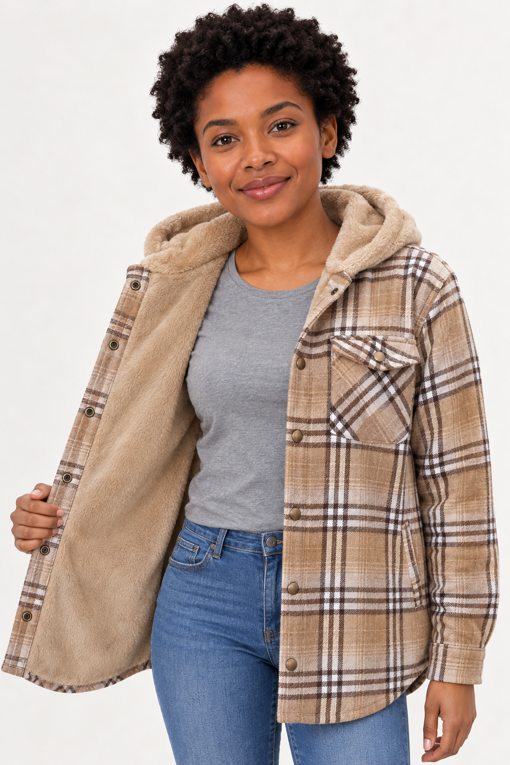 LOHNR Alder Hooded Shacket in Tan, one-panel-open view showing camel body lining from neckline to hem and matching hood lining.