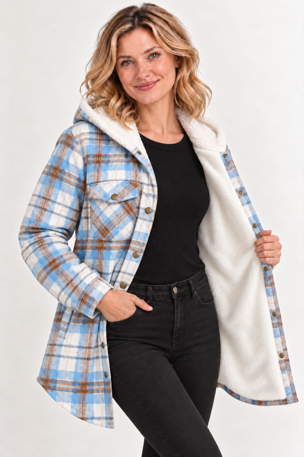 LOHNR Alder Hooded Shacket in Light Blue, one-panel-open view showing white body lining from neckline to hem and matching hood lining.