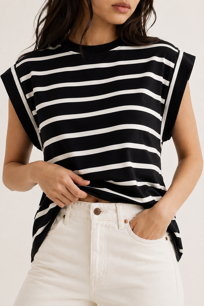 Women's casual sleeveless striped t-shirt in Black Birch Stripe