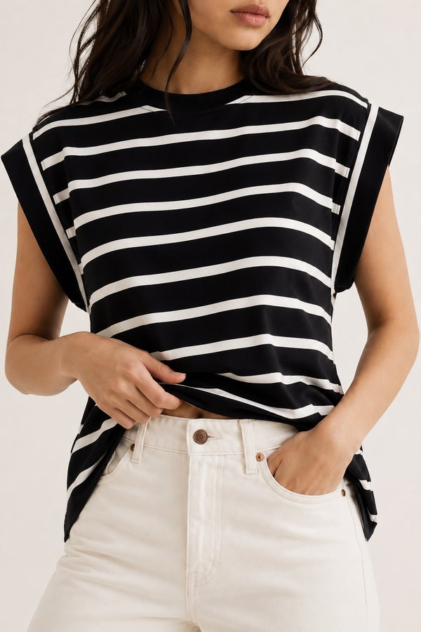 Women's casual sleeveless striped t-shirt in Black Birch Stripe