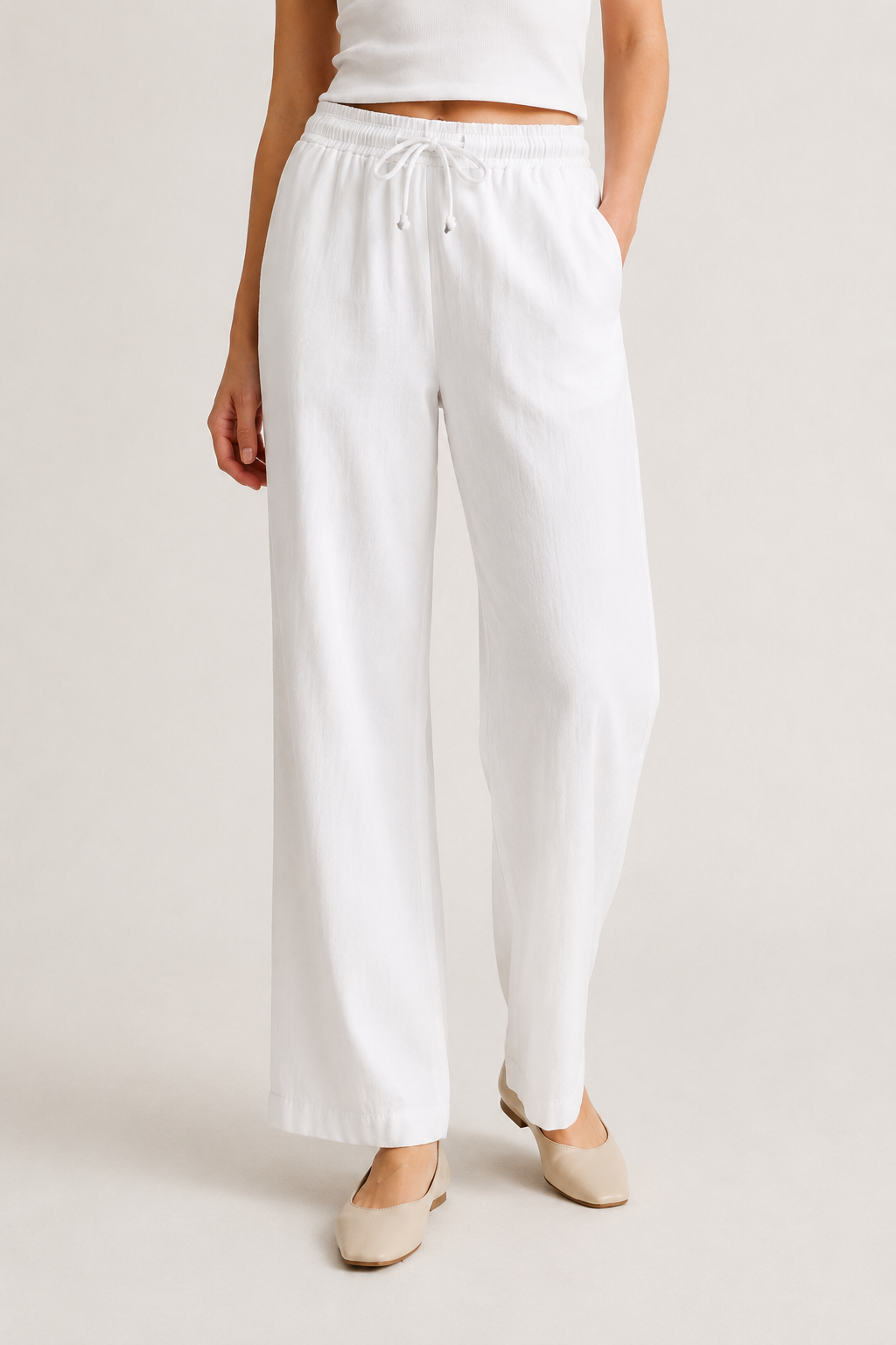 Woman wearing premium minimalist wide leg lounge pants