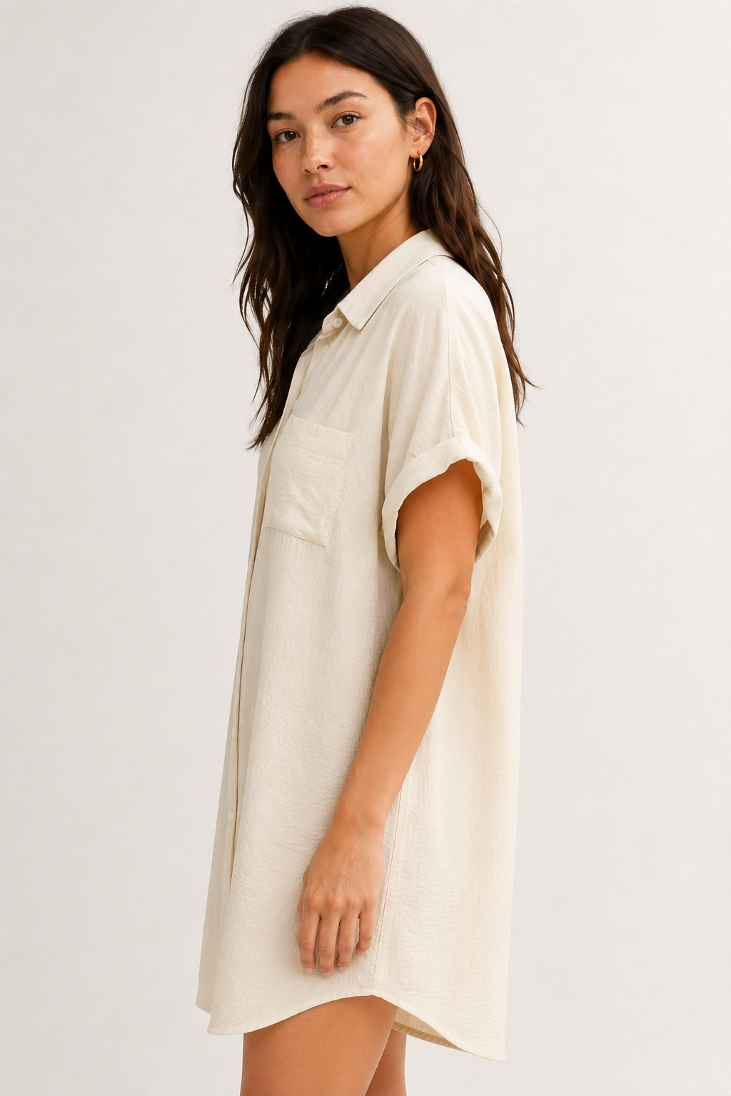 Womens light bone beige short sleeve button down collared shirt dress