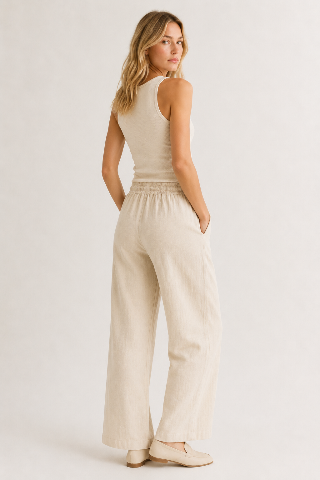 Woman wearing premium minimalist wide leg lounge pants