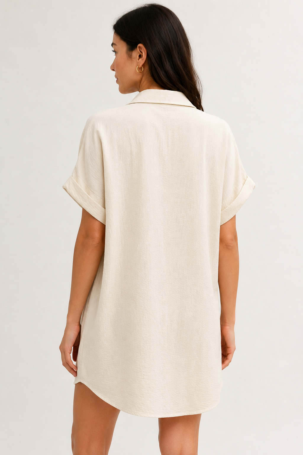 Womens light bone beige short sleeve button down collared shirt dress