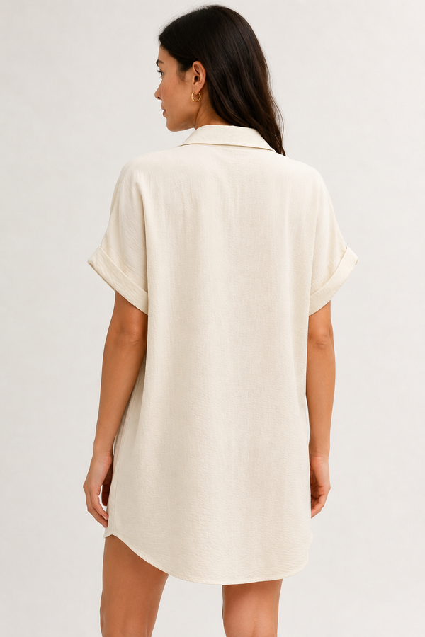 Womens light bone beige short sleeve button down collared shirt dress
