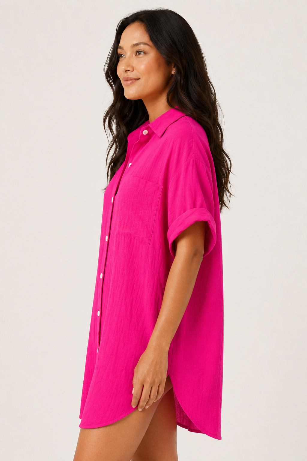 Womens bright cerise pink short sleeve button down collared shirt dress
