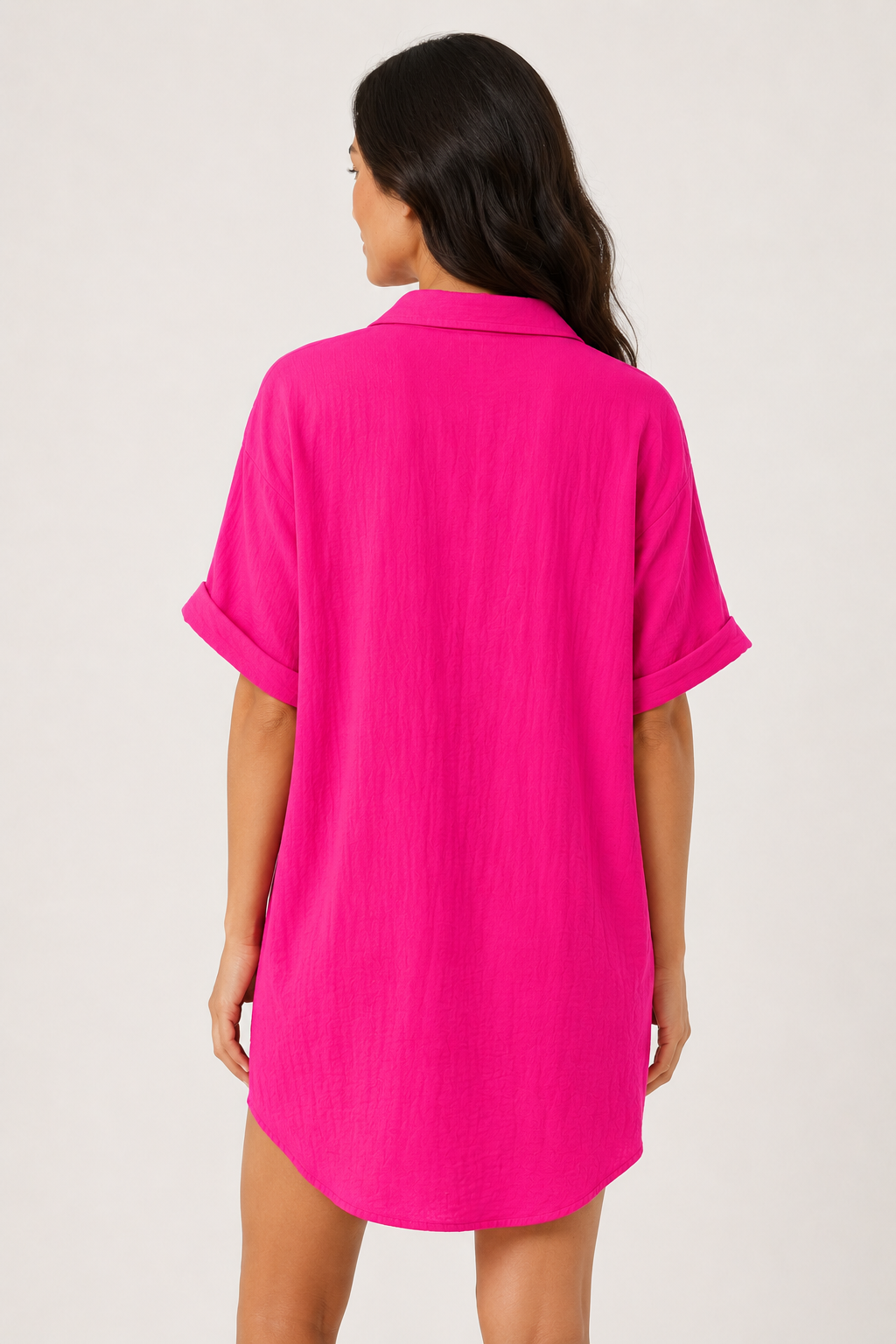 Womens bright cerise pink short sleeve button down collared shirt dress