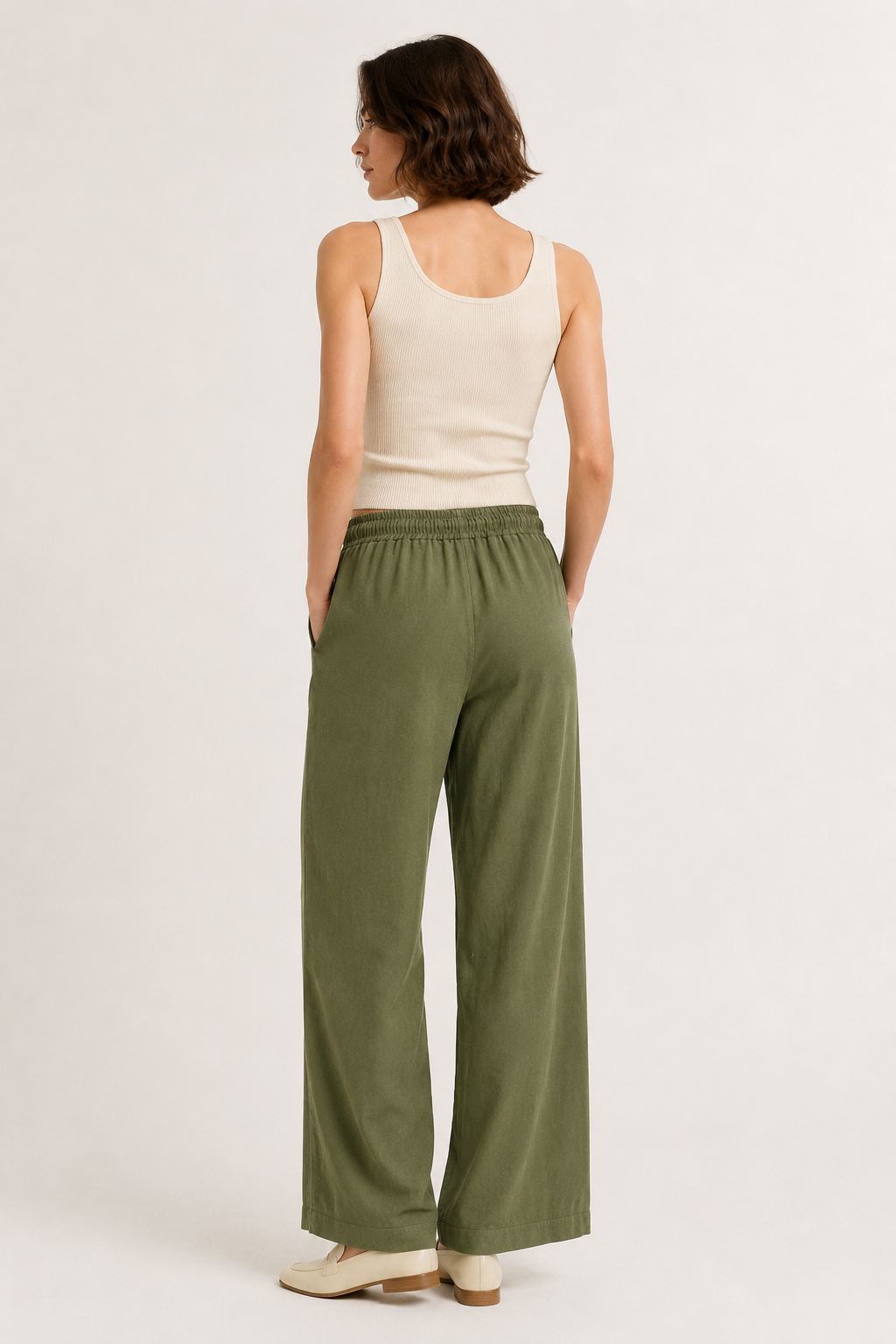 Woman wearing premium minimalist wide leg lounge pants