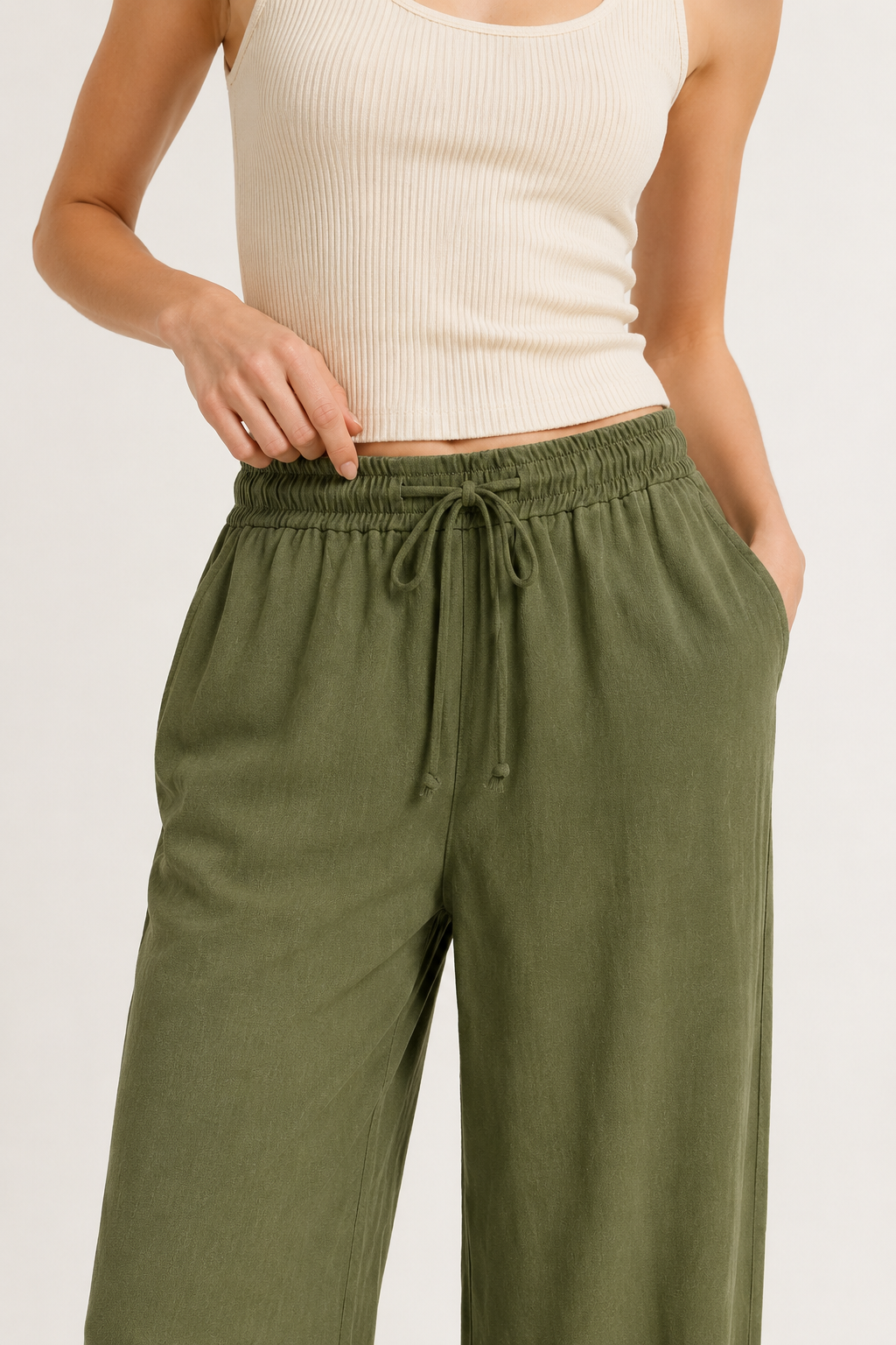 Woman wearing premium minimalist wide leg lounge pants