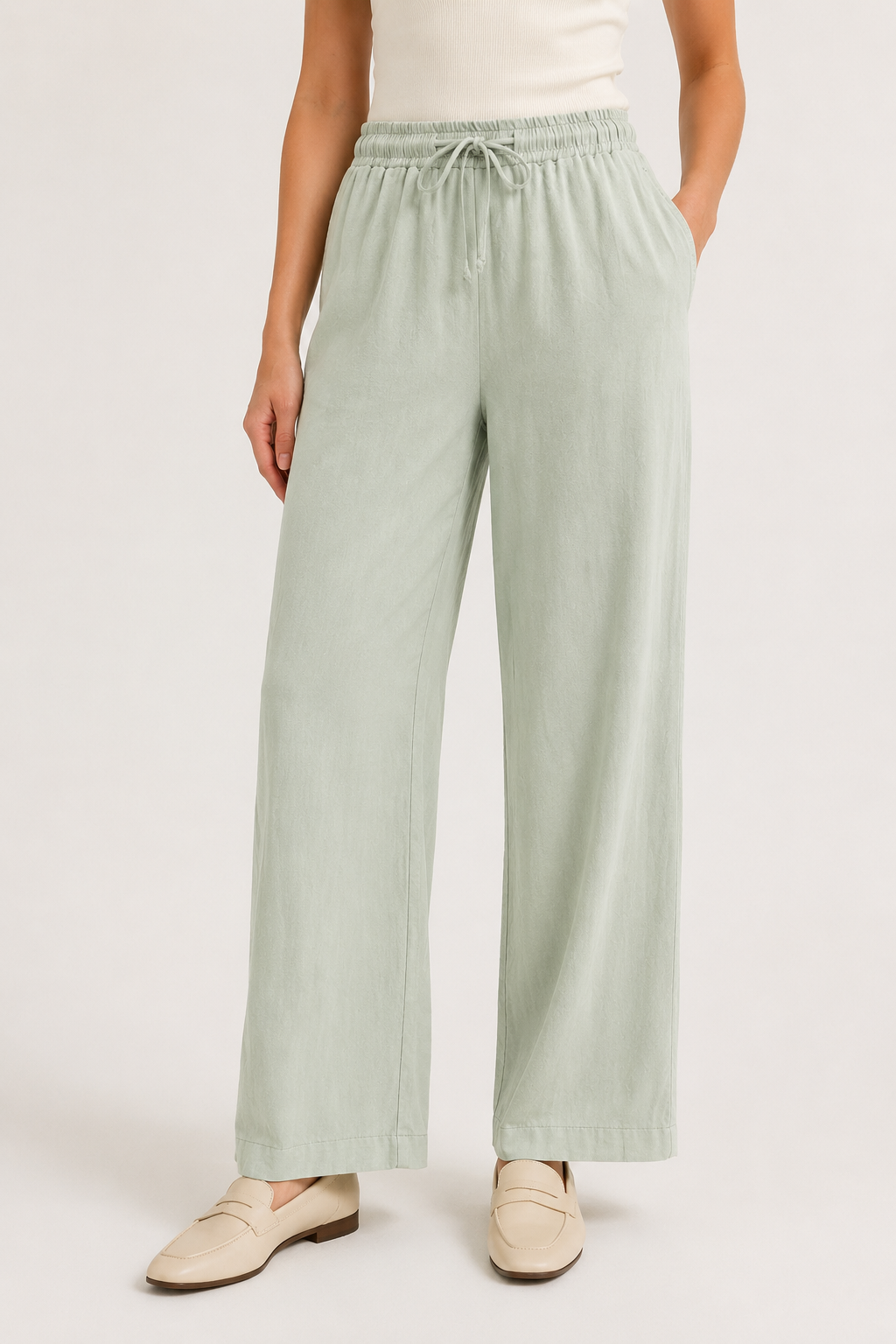 Woman wearing premium minimalist wide leg lounge pants