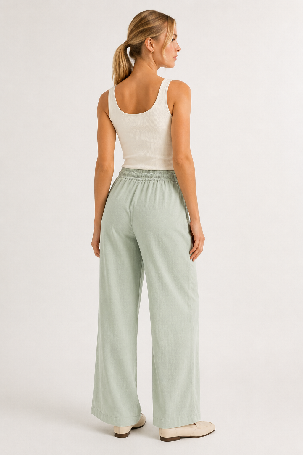 Woman wearing premium minimalist wide leg lounge pants