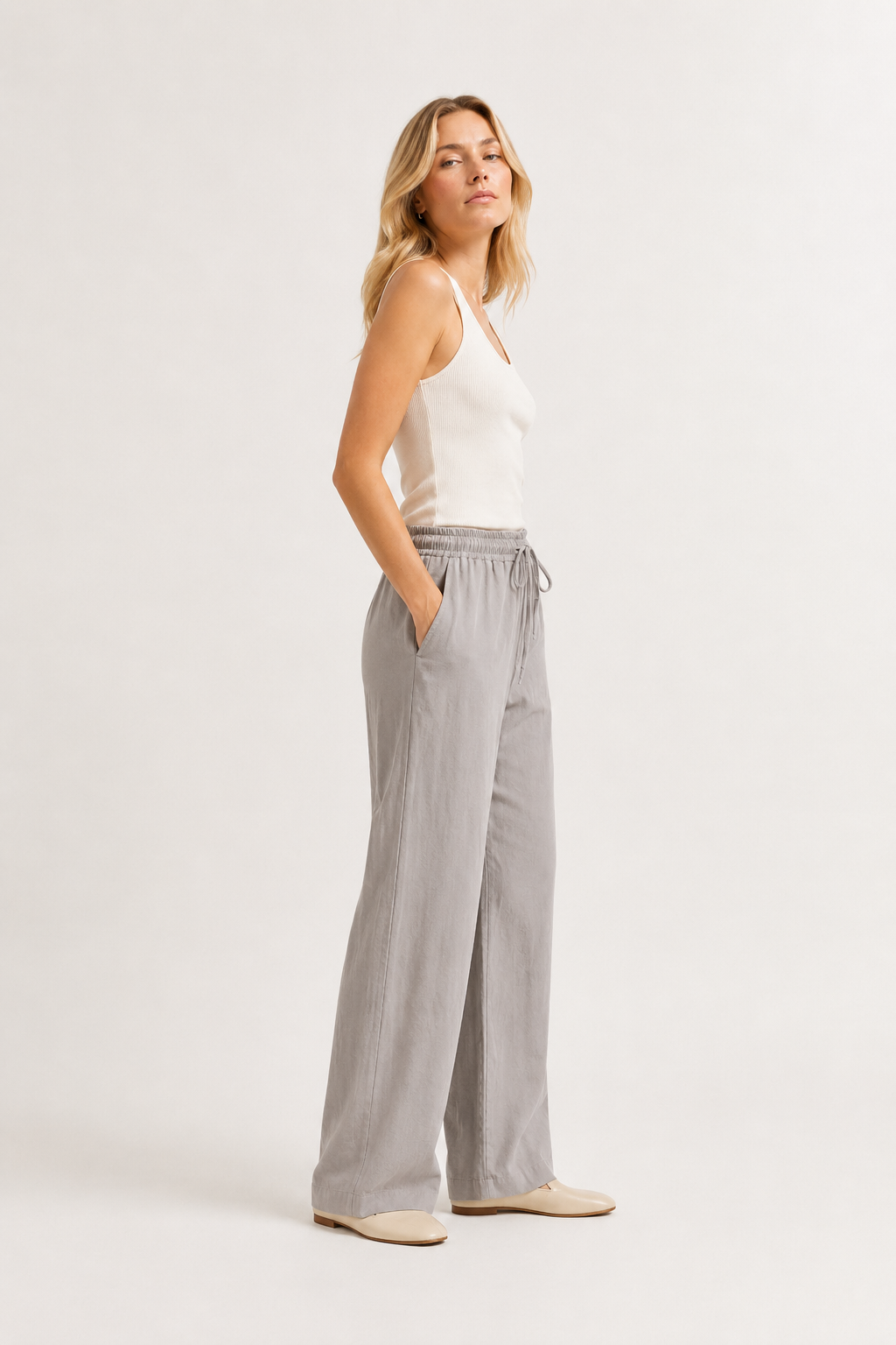 Woman wearing premium minimalist wide leg lounge pants