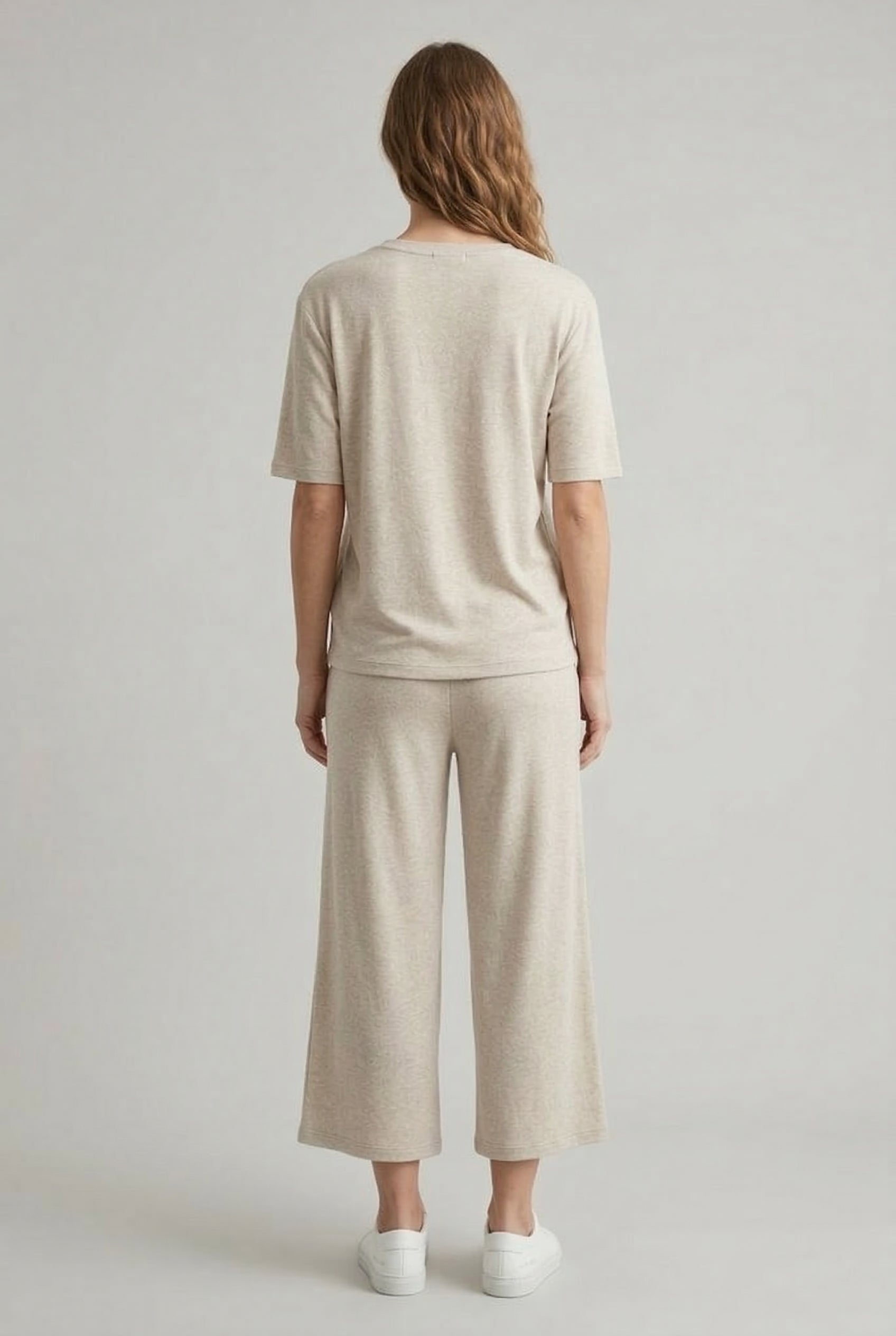 Women's short sleeve and cropped wide-leg pants matching lounge set in Heather Birch light beige