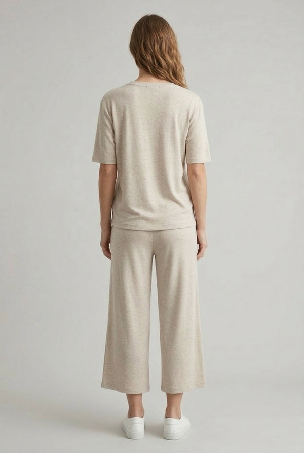 Women's short sleeve and cropped wide-leg pants matching lounge set in Heather Birch light beige