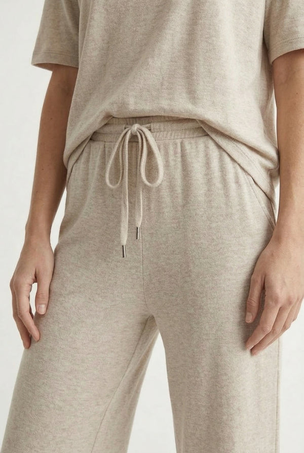 Women's short sleeve and cropped wide-leg pants matching lounge set in Heather Birch light beige