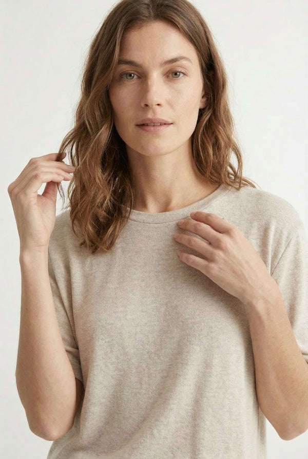 Women's short sleeve and cropped wide-leg pants matching lounge set in Heather Birch light beige