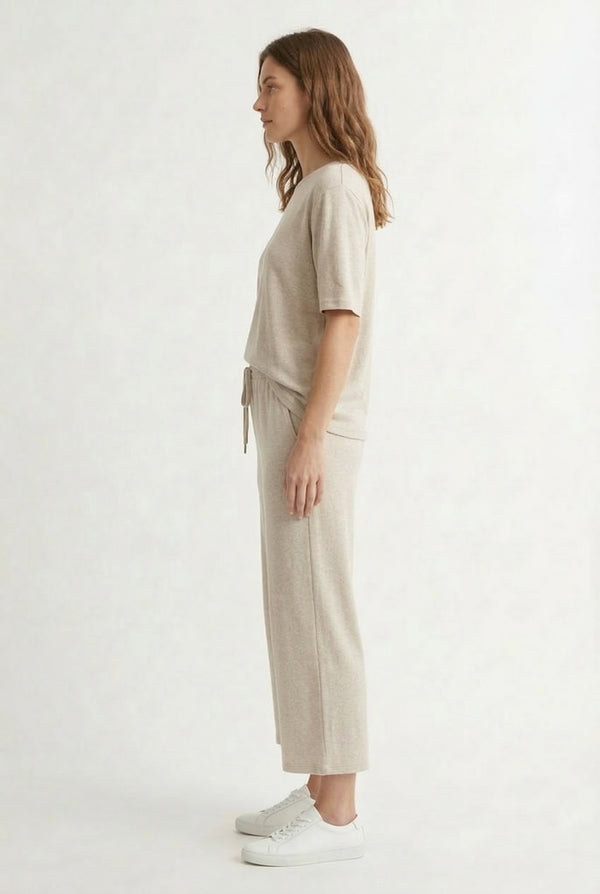 Women's short sleeve and cropped wide-leg pants matching lounge set in Heather Birch light beige