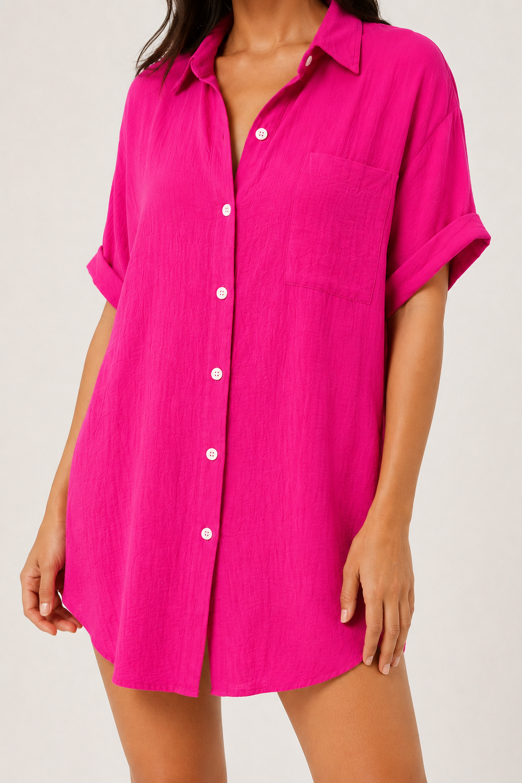 Womens bright cerise pink short sleeve button down collared shirt dress